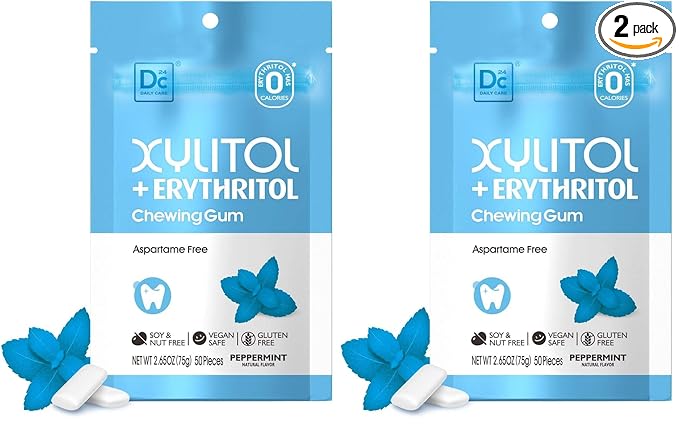 DC24 DAILY CARE Gum, Aspartame Free & Sugar Free Gum, Xylitol Chewing Gum with Erythritol, Low-Calorie, Sugarless, Natural Peppermint, 50 Pieces (Pack of 2)