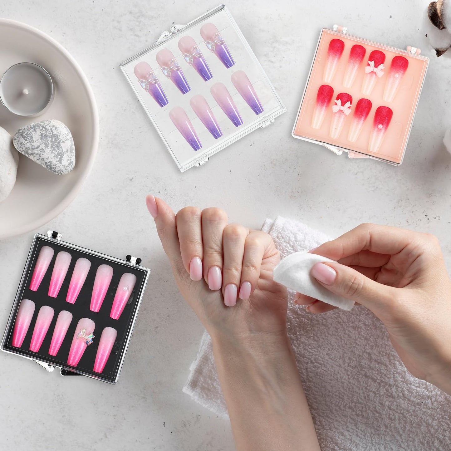 Landhoow 15 Pcs Press On Nail Boxes Nail Display Case with 30 Adhesive Tape, Artificial Press On Nail Container, Acrylic Storage Organizer(Clear, Black, Pink)