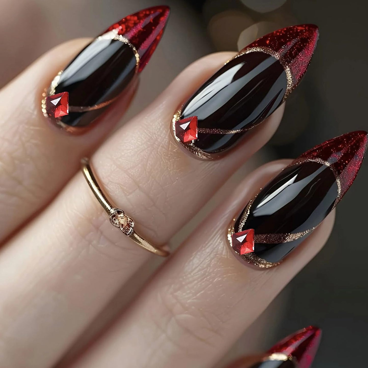 MISUD Press on Nails - Medium Almond Fake Nails with Goth Red Black, Acrylic Bling Glitter Rhinestone Design 24 pcs