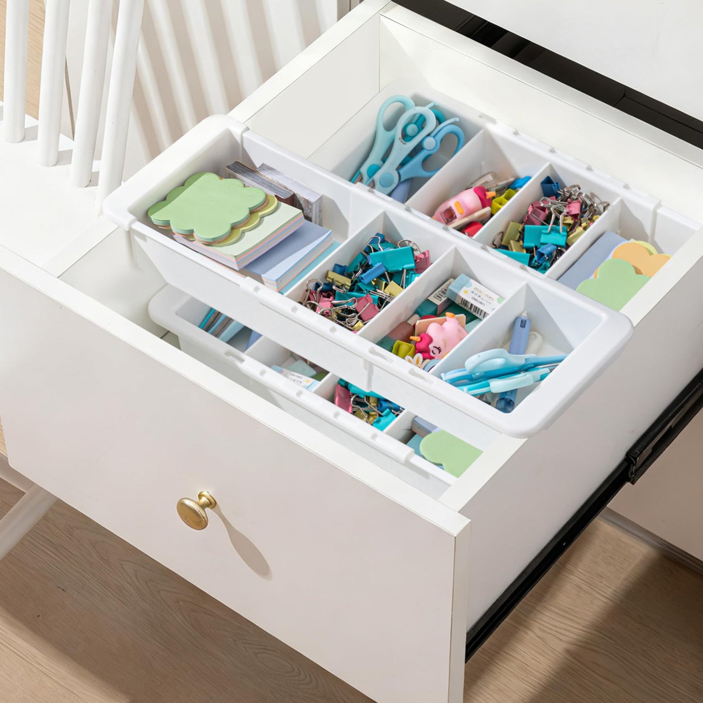 BrightRow 3 Pcs Expandable Drawer Organizer Bins Adjustable Deep Drawer Hanging Organizer Tray Expandable 11.4 to 18.1 Inches Plastic Dividers Storage for Office Bathroom Bedroom Kitchen Desk, White