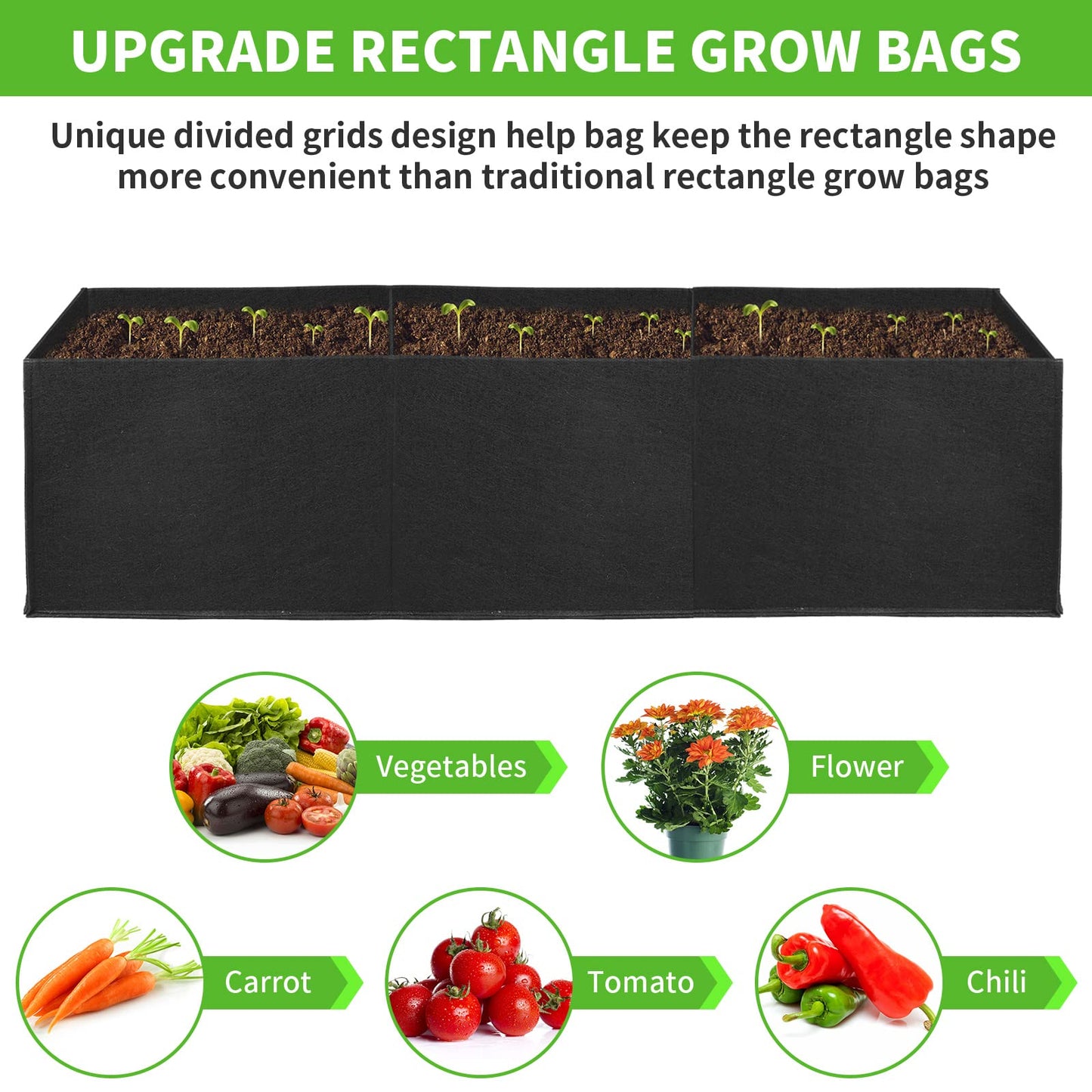 ANGELIOX 2Pcs Grow Bags, 3-Grids Rectangle Grow Bag,14 Gallon Thickened 400G Fabric Garden Bed, Nonwoven Square Flower Planter Containers for Flowers,Vegetable,Fruit, Growing Pots with Handles