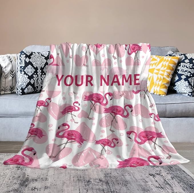 Custom Flamingo Blanket Gifts with Name - 40 x 50 Inches Cute Flamingo Throw for Girls - Light Pink Fuzzy Fluffy Plush Blankets for Sofa