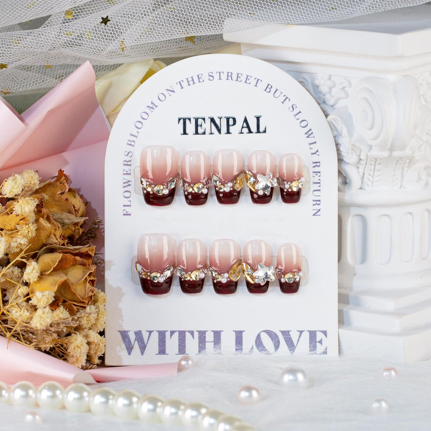 TENPAL Berry Red Glitter French Tips Press on Nails with Rhinestones,Handmade Reusable Bridal Fake Nails with Kit,Y2K Long Lasting Soft Gel Valentines nails(S)