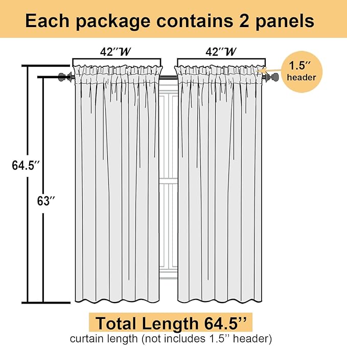 Lecloud Denim Blue Sheer Curtains 63 Inch Length 2 Panels, Light Filtering Voile Bedroom Curtains with Rod Pocket, Airy Farmhouse Window Drapes for Living Room Dining Room, Each Panel 42" W x 63" L