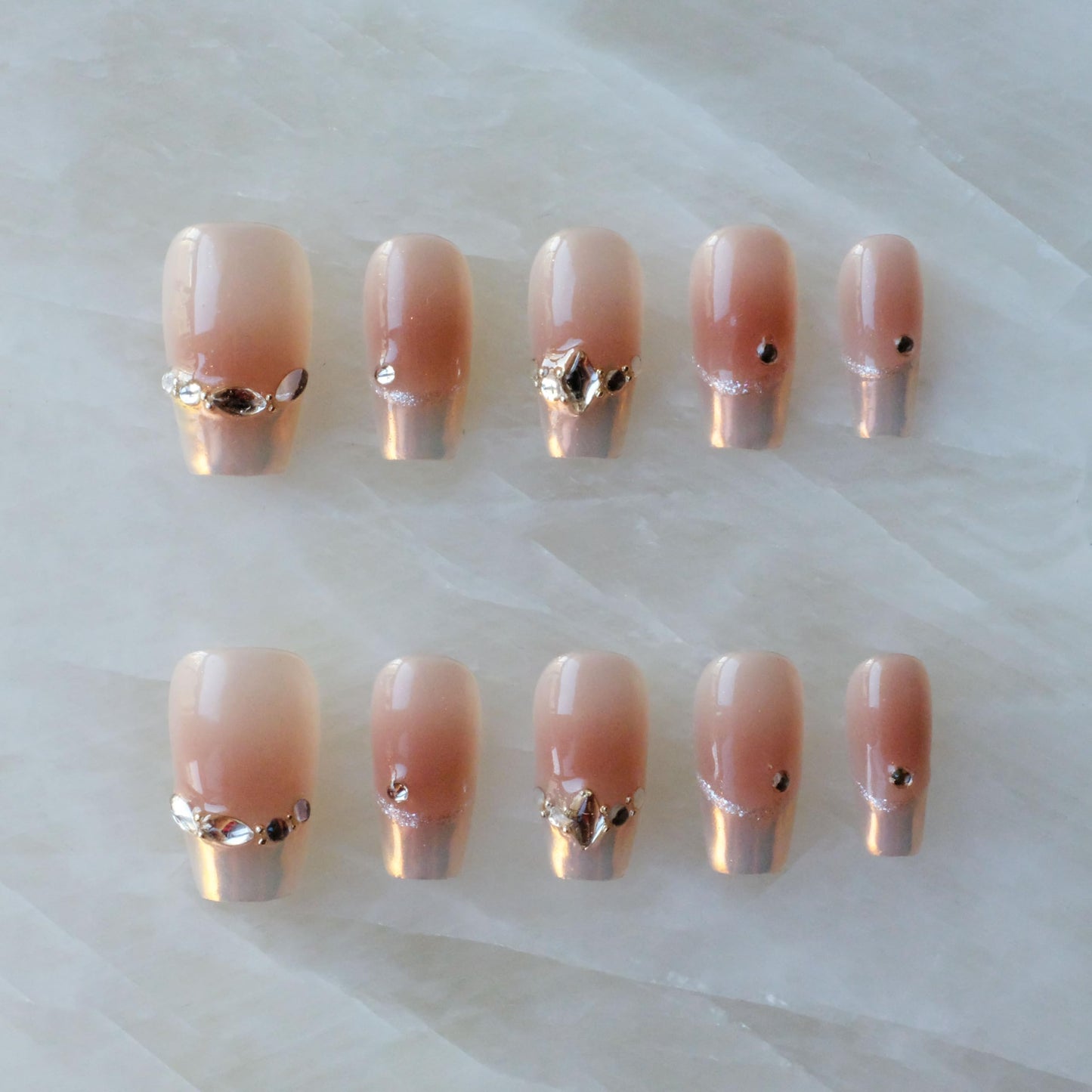 [GLORS] Purly Handmade Medium Ballerina Press on Nails | Moon Dream - French-style Pink Fake False Nail Tips with Diamond, 10 Pieces (Medium, MB)