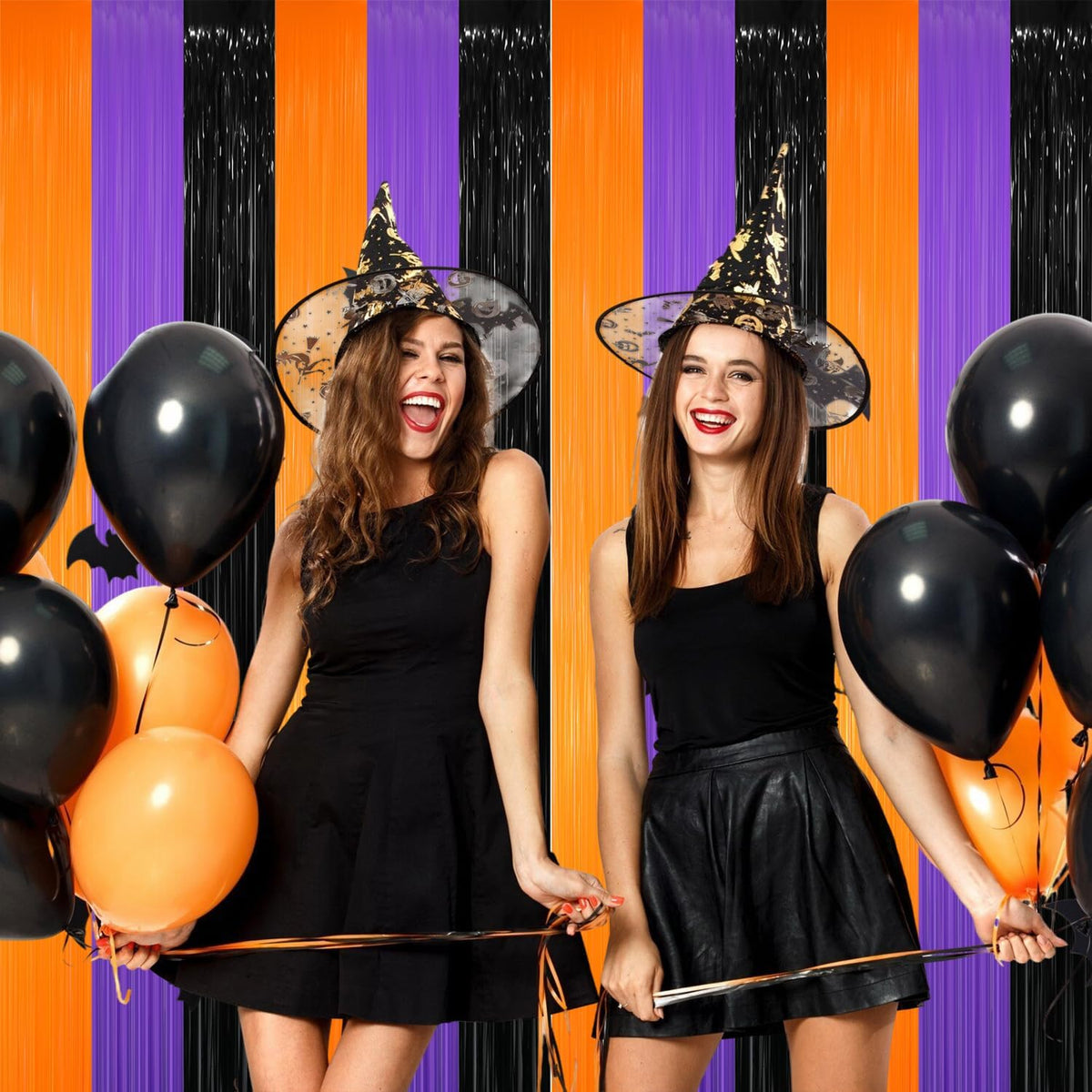GOER 3.2 ft x 8.2 ft Metallic Tinsel Foil Fringe Party Backdrop for Halloween Birthday Graduation New Year's Party Decorations(3 Packs,Black&Orange&Purple)