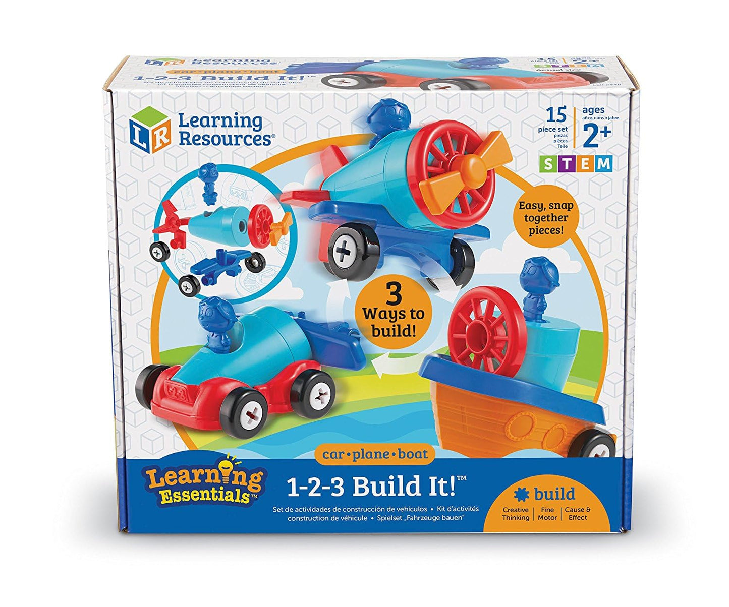 Learning Resources 1-2-3 Build it! Car, Boat, Plane, 15 Pieces