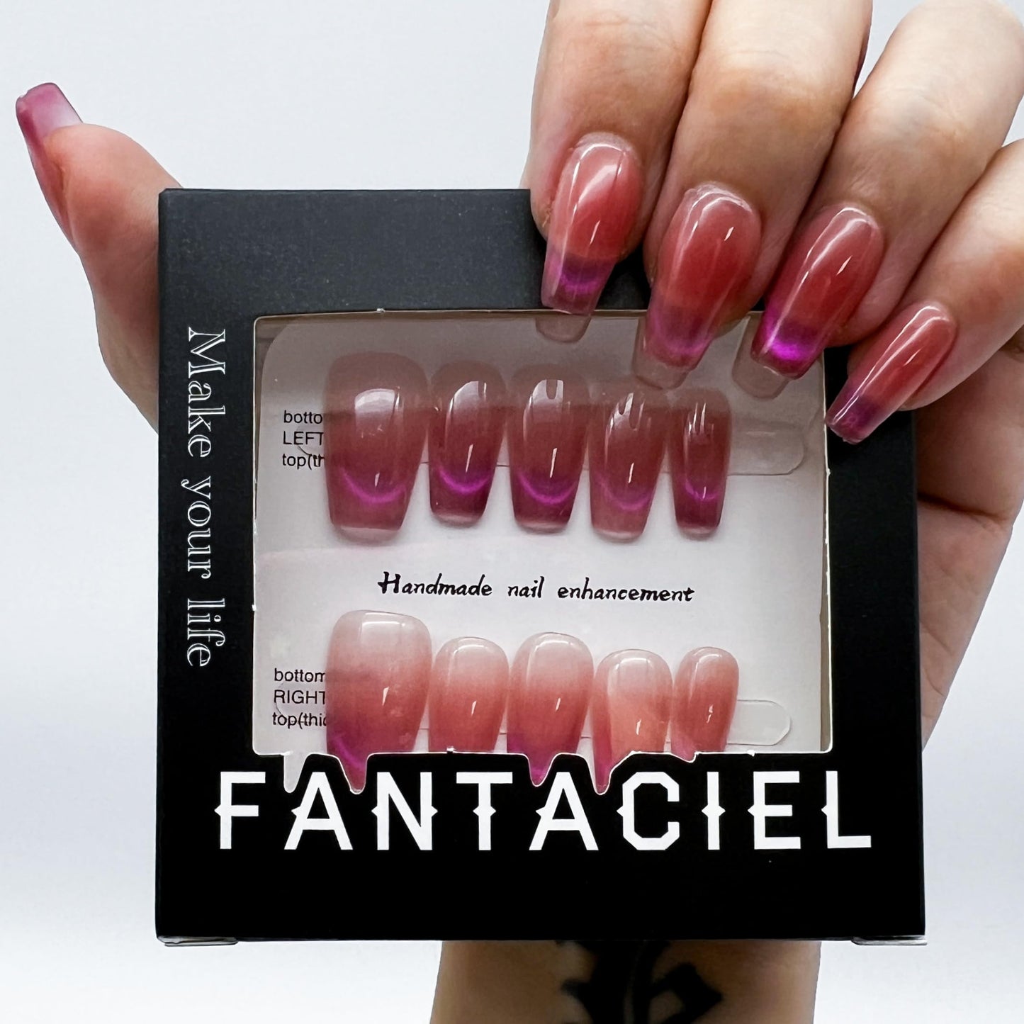 FANTACIEL 10 PCS Handemade Press On Nails Cat Eye Design Acrylic Nails Reusable Short Coffin Fake Nails Smile 156 M