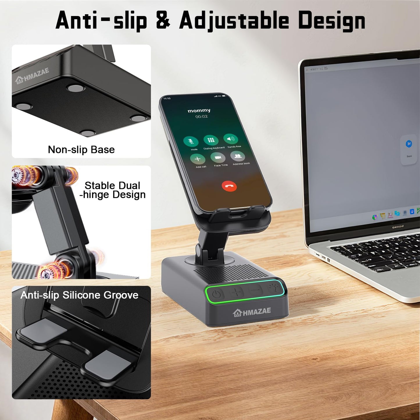 HMAZAE Cell Phone Stand with Wireless Bluetooth Speaker, Wireless Induction Audio, Emergency Rechargeable Portable Speaker Cellphone Stand with Colorful Ambient Light, Ideal Gifts for Men and Women