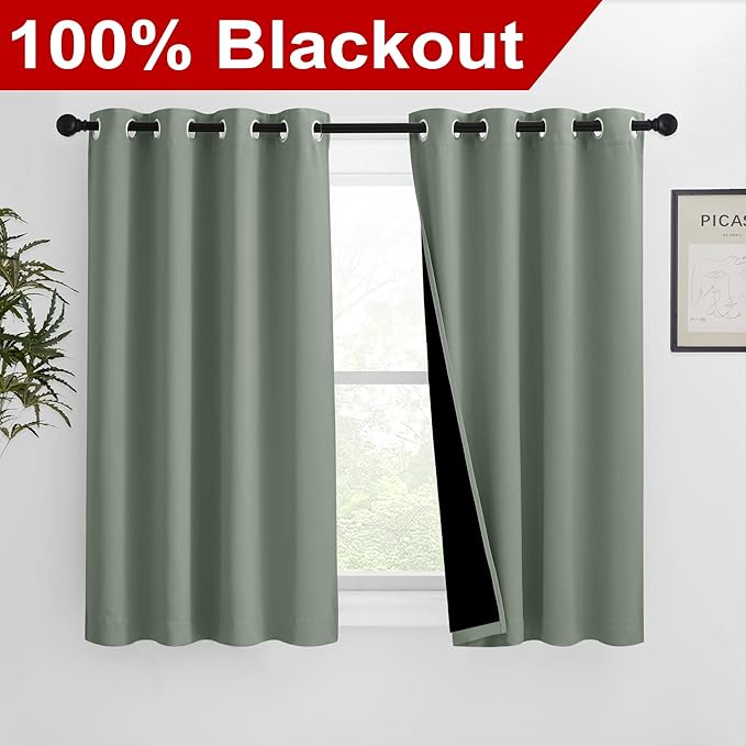NICETOWN 100% Blackout Curtains 54 inches Long, Double-Deck Completely Blackout Window Treatment Thermal Insulated Lined Drapes for Small Window (Greyish Green, 1 Pair, 46 inches Width Each Panel)