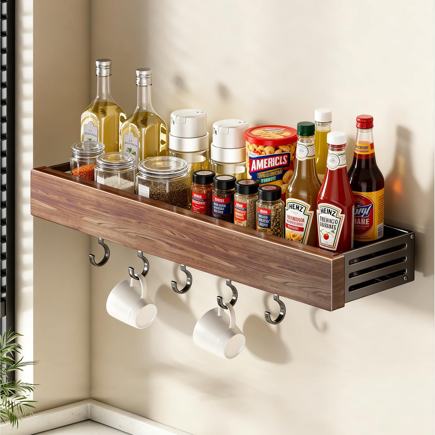 Oerlisoo spice rack wood kitchen spice rack wall mounted adjustable adhesive or screw, hung on the door and wall, black large rack for storing items in refrigerators and ovens