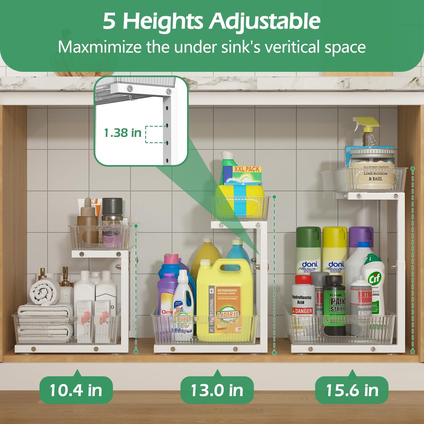 ADRIMER Under Sink Organizer 2 Packs, Pull Out Kitchen Sink Organizer, 2 Tier Slide Out Kitchen Organizers and Storage Bathroom Under Cabinet Storage Shelf, Transparent & White