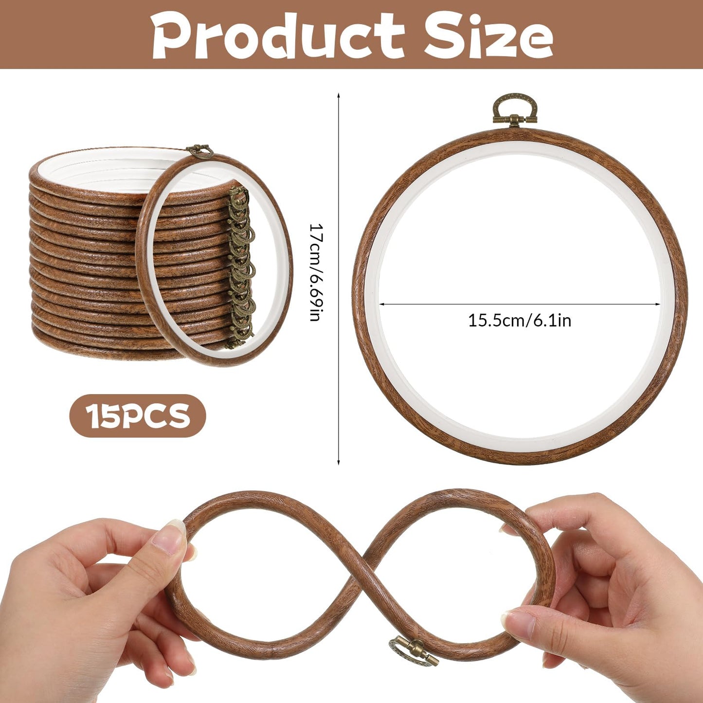 Oqqlin 15 Pcs Round Embroidery Hoops, 6 Inch Durable Imitated Wood Cross Stitch Hoop Ring Circle Rubber Embroidery Hoops Frame for Sewing, DIY, Craft, Hanging Ornaments Decor