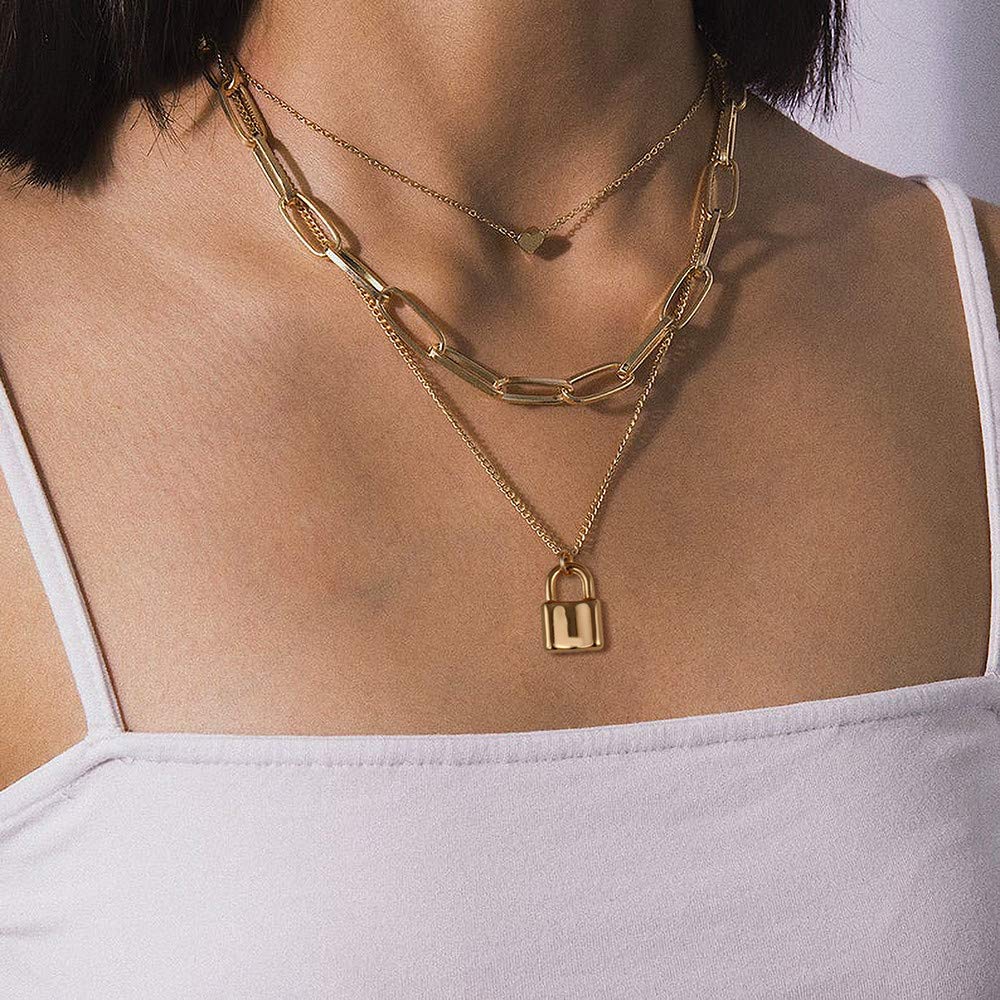 Turandoss Layered Lock Necklace for Women, Layered Heart Lock Necklace for Women Layering Link Chain Necklaces