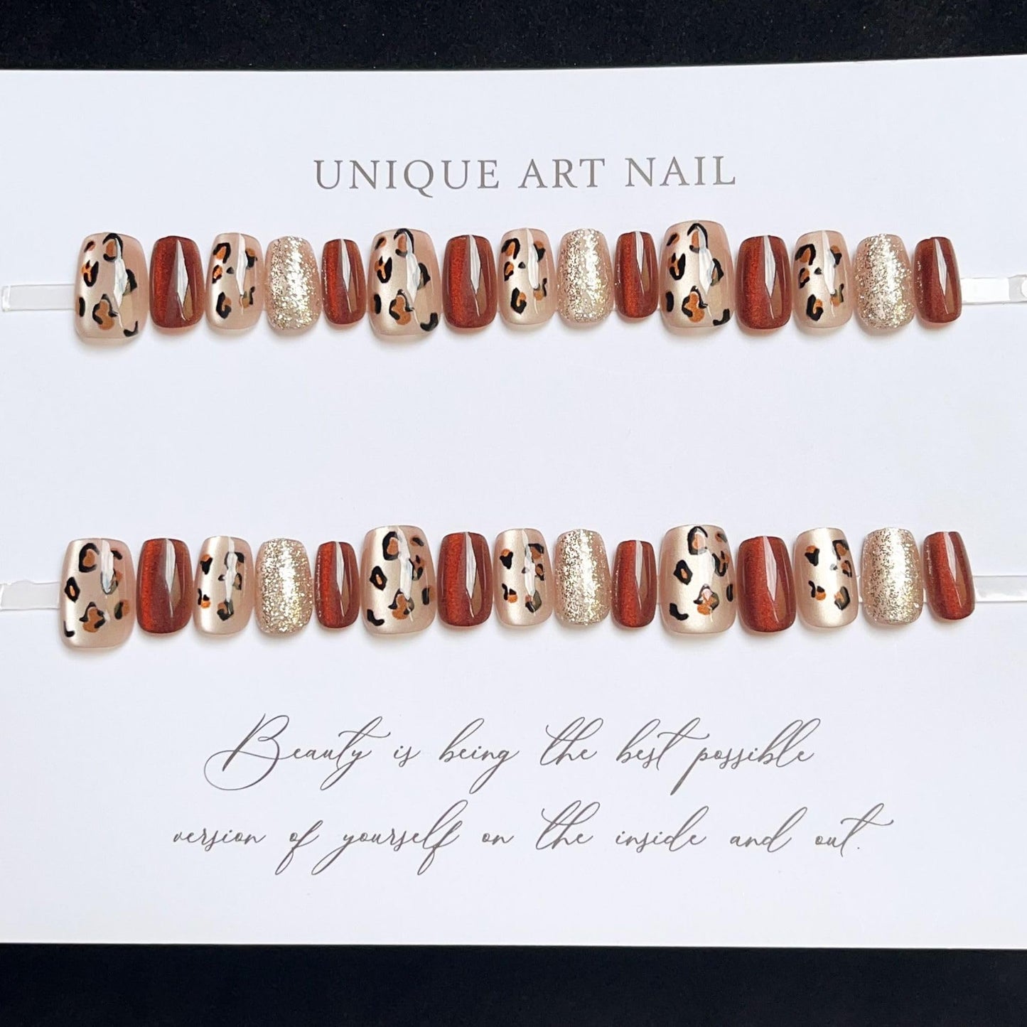 Set of 24 Wearable Short T-Shaped Detachable Nail Patches in Burgundy and Nude Shade with Glitter Leopard Print Design
