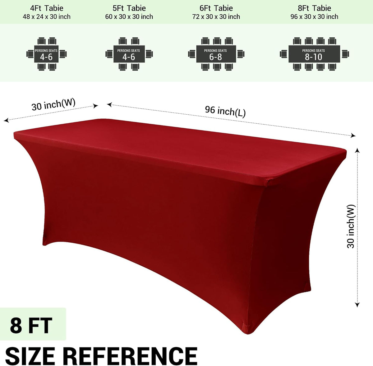 Obstal Spandex Table Cover 8ft Fitted Tablecloth Rectangular - Stretch Rectangle Folding Table Cloth for Birthday Party Wedding Banquet, Dark Red, 96L x 30W Inch