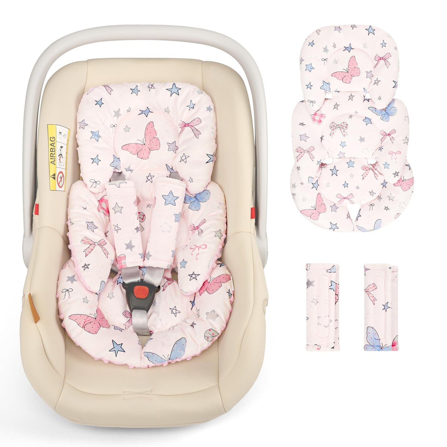 GFU Infant Car Seat Insert Head and Body Support, Reversible Newborn Insert for Carseat with Strap Pads, Soft Stroller Cushion Pillow Insert for Boys and Girls, Fits for Stroller, Swing，Pink