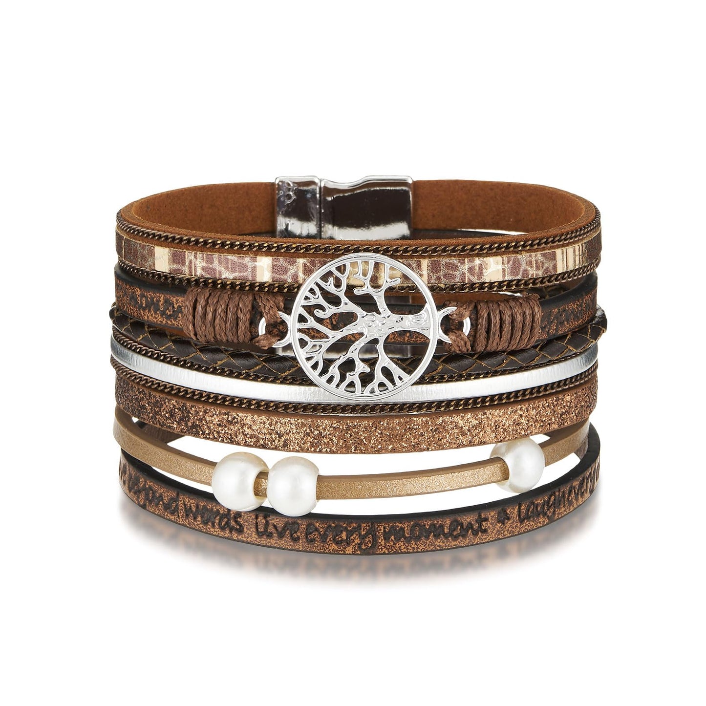 QIUTIMIY Leather Bracelets for Women Trendy Boho Cuff Bracelet Layered Bangle with Clasp Hand Wrist Jewelry Western(Style 5-Brown)