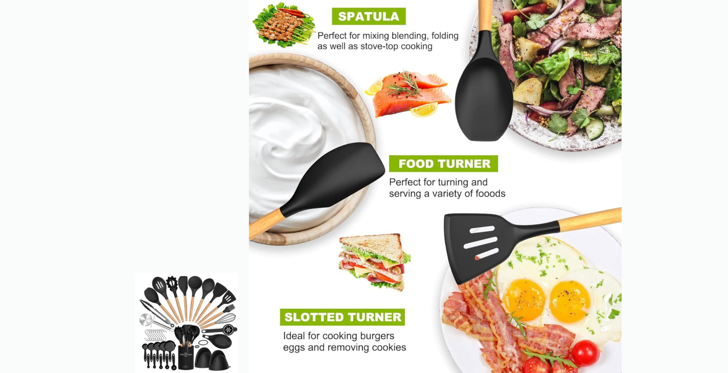 36 pcs Silicone Kitchen Cooking Utensils with Holder, Heat Resistant Cooking Sets Wooden Handle, Nonstick Kitchen Gadgets Tools Include Spatula Spoons Turner Pizza Cutter(Black) for Gift, K Trends
