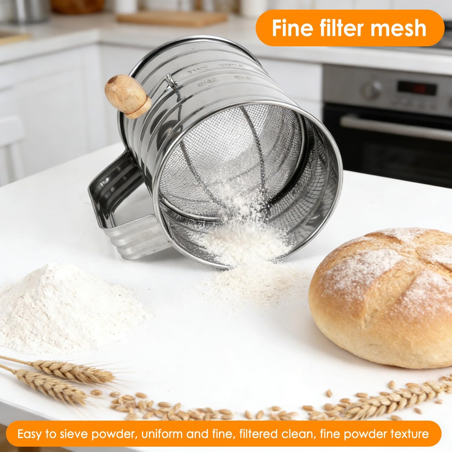 Large Handheld Rotary Flour Sifter Set – Stainless Steel Hand-Crank Sifter with Baking Sifter, Powder Sugar Duster, Shaker Cup & Sifter Stick for Cakes, Bread & Pastry