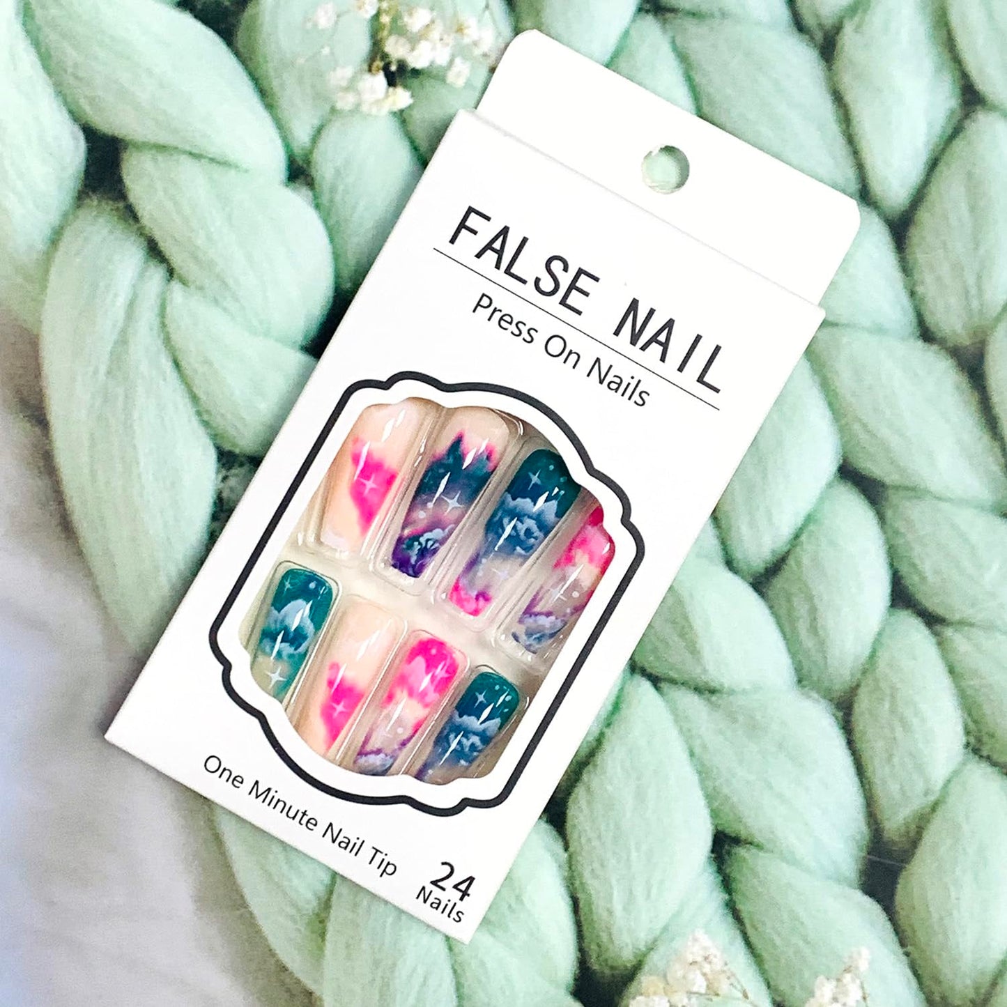 FIEONCIY Press on Nails Coffin Long Glossy Full Cover Acrylic Extra Long Square False Nails with Clouds Designs Artificial Ballerina Fake Nails with Charm Glue Stick on Fingernails for Women Girls