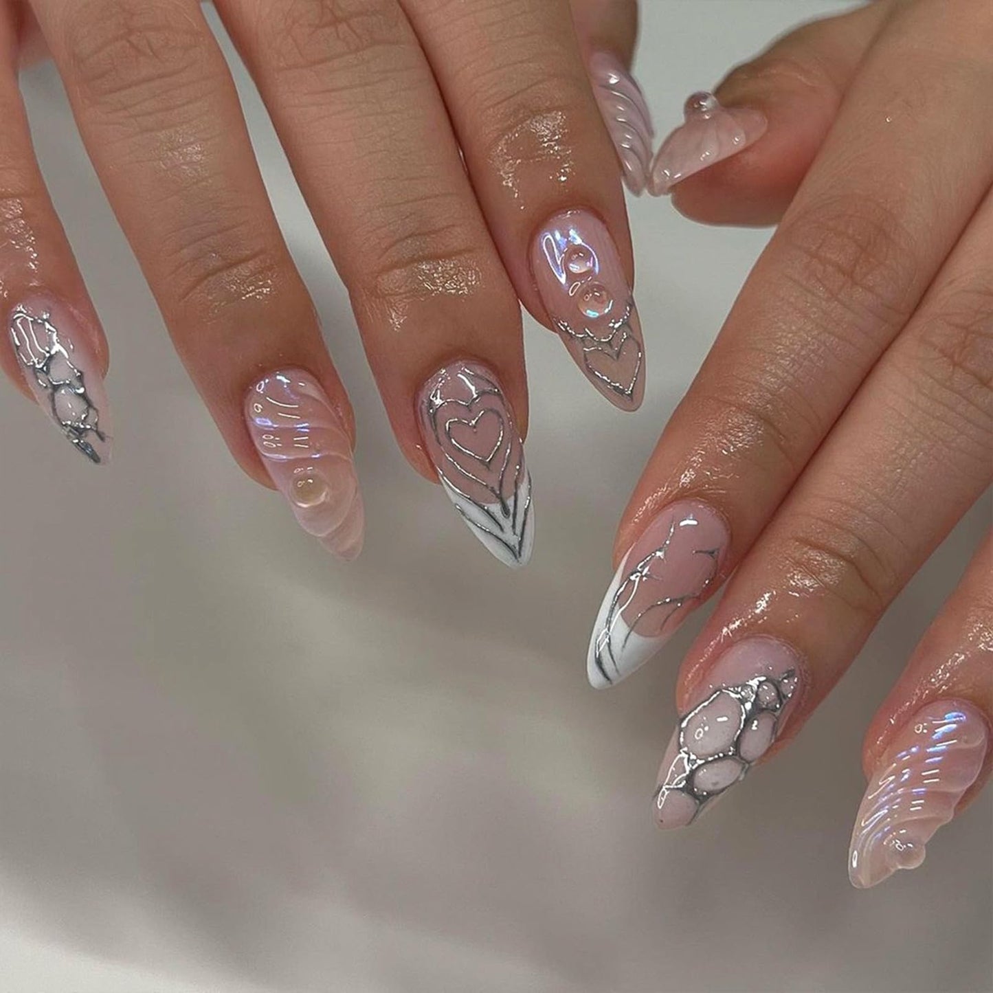 Pink Press on Nails Medium Almond Fake Nails Press ons with Design Charms French False Nails Silver Glue on Nails Cute Glossy Full Cover Acrylic Stick on Nails for Women Manicure 24Pcs