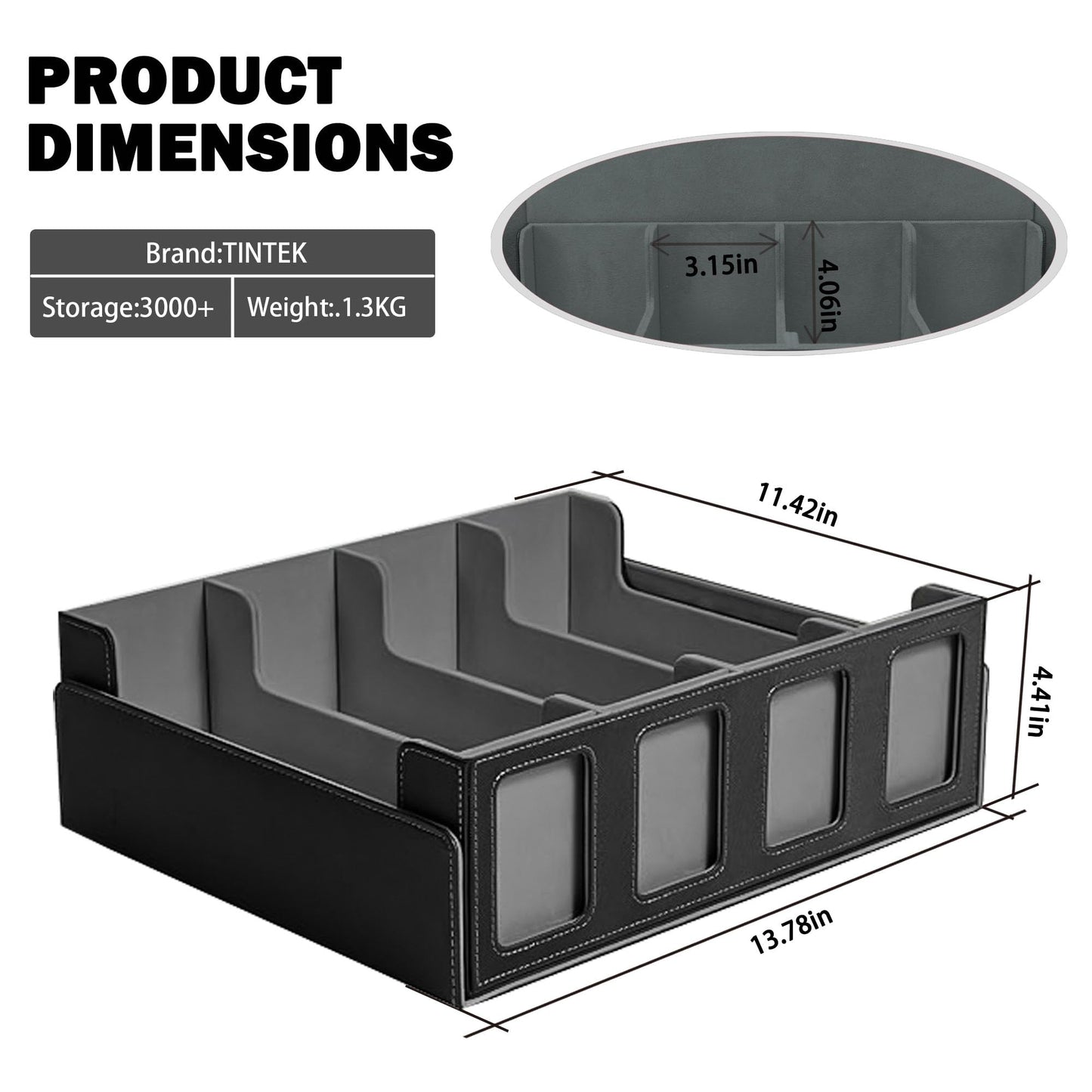 TINTEK 4-Row Trading Card Storage Box – Holds 3000+ Cards – Commander Display Slot, Magnetic Removable Lid, PU Leather Deck Box – Compatible with MTG Commander, TCG,(T2400Black&Gray)