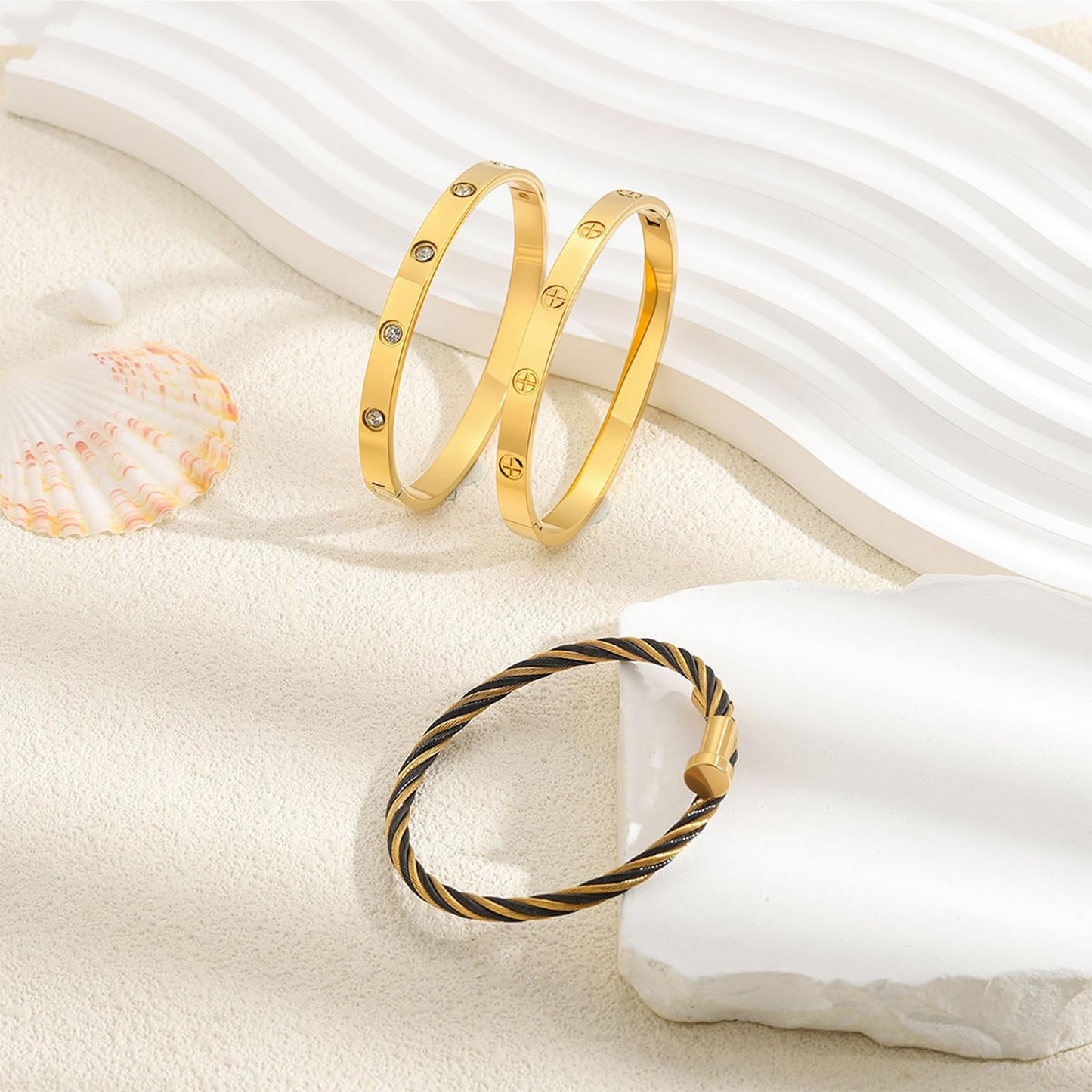 Camhanno Gold Bracelets for Women - Stackable Bangles with Friendship & Love Theme - Stainless Steel Jewelry Gift for Her (Style 10)