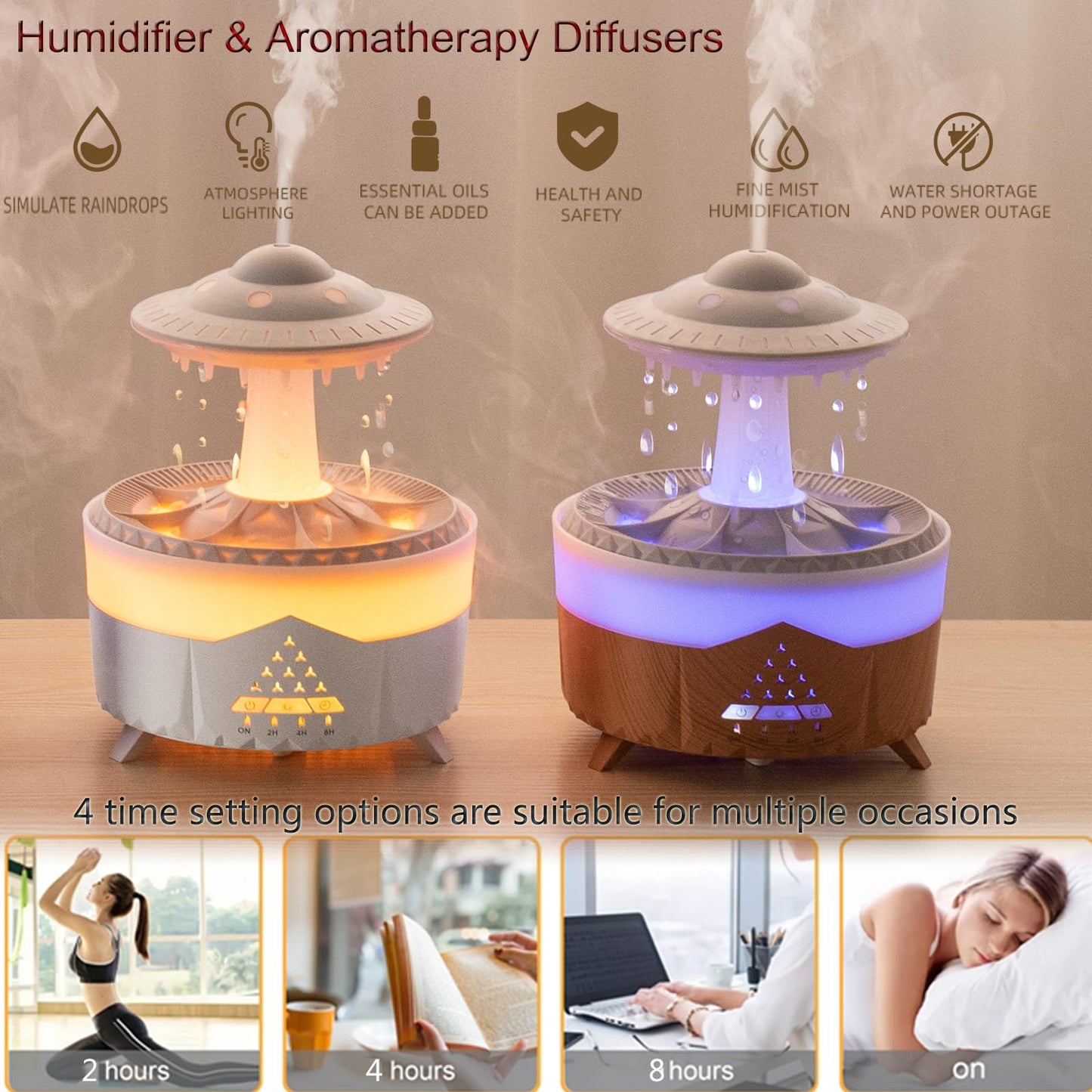 Raindrop Humidifier for Bedroom, 350ml Cool Mist Humidifier with Essential Oil Diffuser, 7 Colors LED Night Light & 4 Timers, Ultrasonic Vaporizer for Home Nursery Office