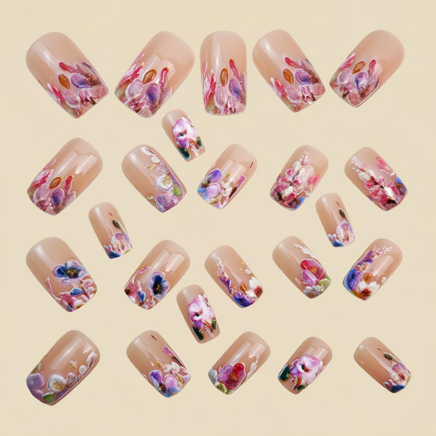 Flower Press on Nails Short Square Fake Nails with Floral Designs Nude Pink False Nails Press ons Spring Summer Stick on Nails Colorful Flower Glue on Nails for Women Manicure