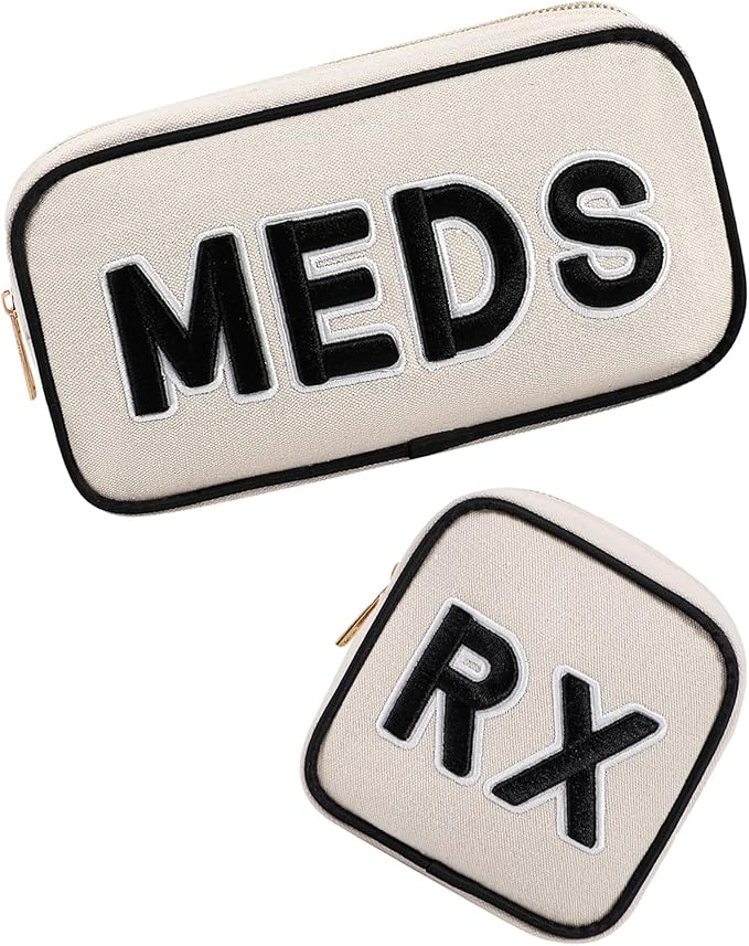 2Pcs Small Canvas Rx MEDS Medicine Packages, Cute Chenille Letter Patch Drug Makeup Bag with Metal Zipper, Mini Travel First Aid Purse Organizer Machine Washable (05RX and MEDS)