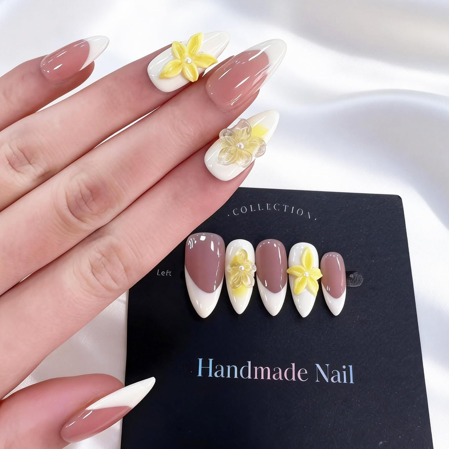 100% Handmade Press-On Nails,3D Flower & Leopard French Tips,Glossy Nude Medium Almond Shape | Spring/Summer DIY False Nails | Reusable Nail Art(10PCS-M)