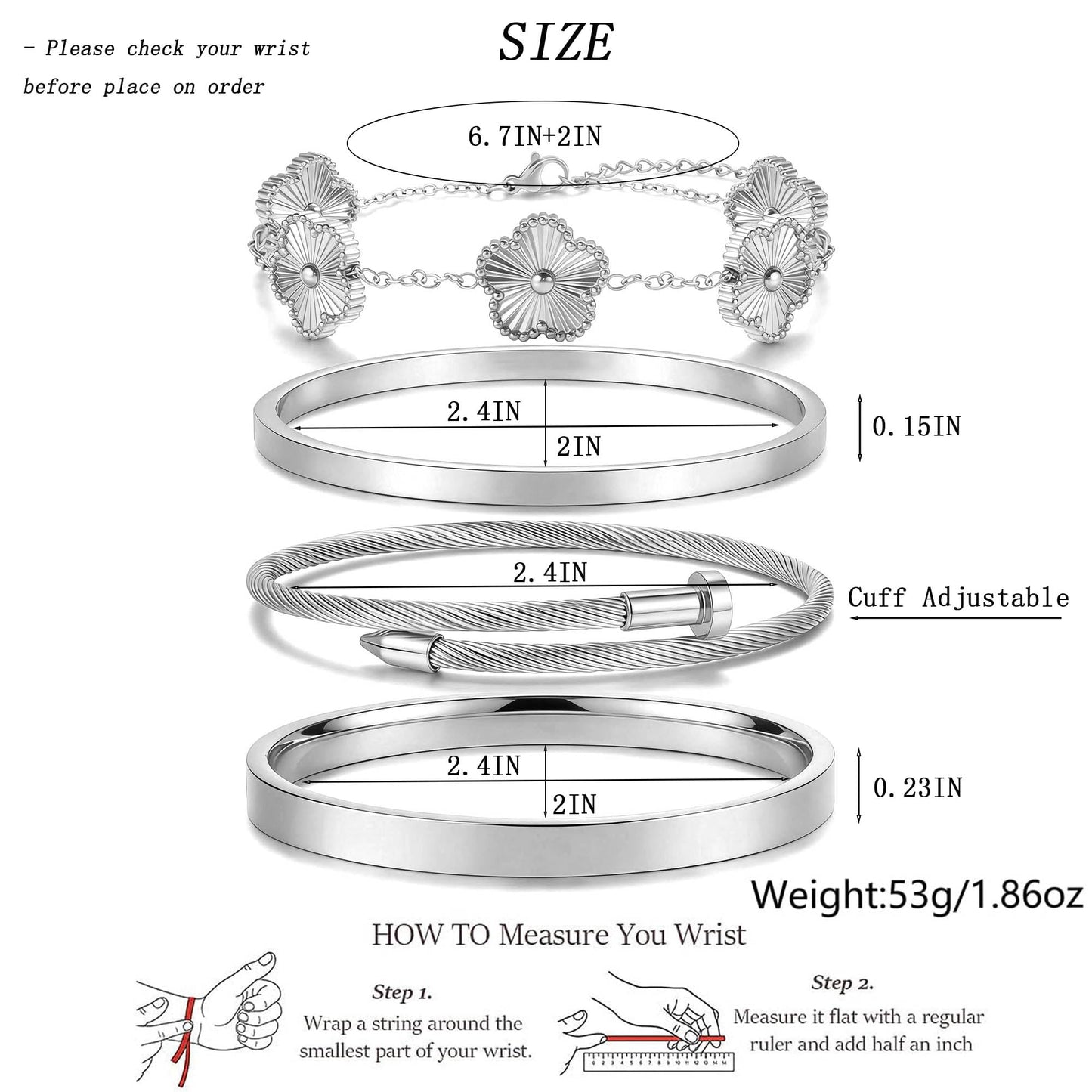 ISELBDR 18K Gold Bracelets for Women - Stackable Clover & Nail Love Bangle Set - Non-Tarnish Jewelry for Birthday Valentine's, Mother's Day & Christmas (Silver-A)