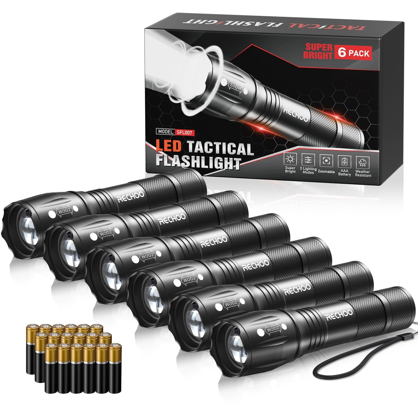 RECHOO 6Pack LED Flashlight, Bright Small Flashlights High Lumens with 3 Modes, Pocket Mini Flashlight Battery Powered, Flash Light Adjustable Focus, Waterproof Flashlights for Home Emergency Camping