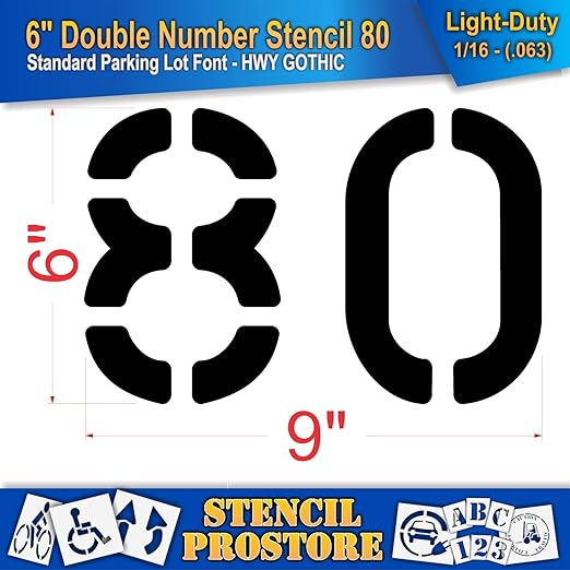 Pavement, Curb, and WheelStop Stencils - 6 inch Double Number Stencil - (80) - 6" x 9" x 1/16" (63 mil) - Light-Duty