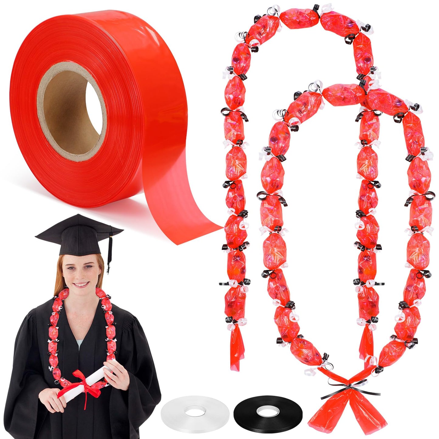 Sinload Candy Lei Poly Tubing 2 Inch x 1000 ft Graduation Candy Lei Making Kit with 2 Rolls Ribbon Class of 2026 Congrats Grad for Party DIY Graduation Wreaths Packing Snacks Gift(Red)