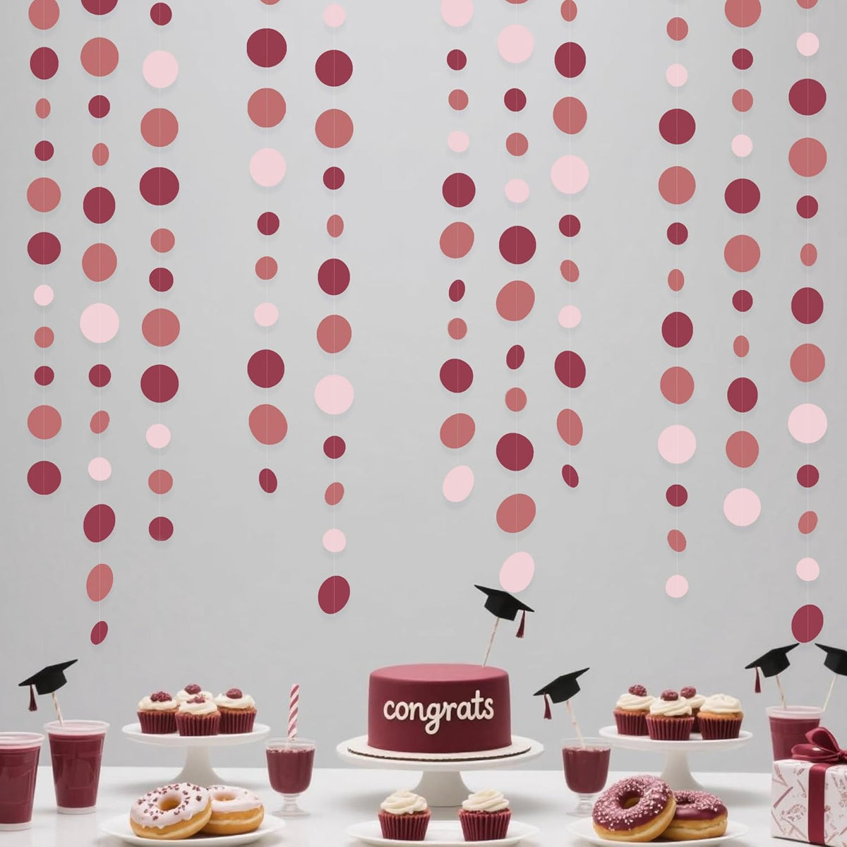 Burgundy Dusty Pink Decorations Circle Dot Garland Maroon Pink Hanging Polka Dot Streamer Banner for Wedding Birthday Bridal Shower Engagement Baby Shower Graduation Anniversary Garnet Party Supplies