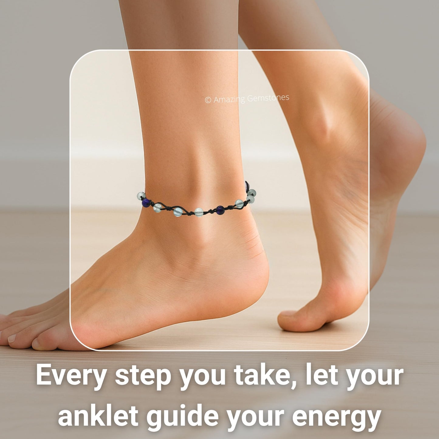 Amazing Gemstone Multi Fluorite Anklet Ankle Bracelets for Women - Waterproof Beaded Healing Crystal Anklets, Plus Size Chakra Gemstone Bead Anklet (Stretchy Adjustable - Hand Knotted)