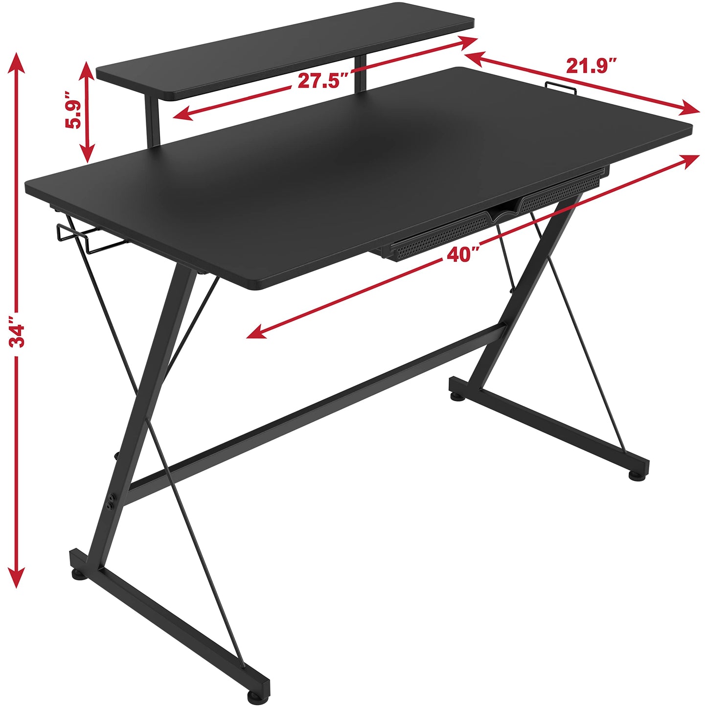 SHW 40-Inch Gaming Desk with Monitor Riser, Drawer and Hooks, Black