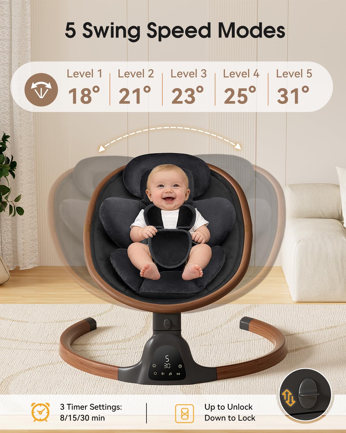 Baby Swings for Infants, Electric Infant Swing with 5 Speed Modes, 5-Point Harness, 3 Timer Settings, Built-in Lullabies & Bluetooth, Portable Modern Swing for Indoor & Outdoor (Black)