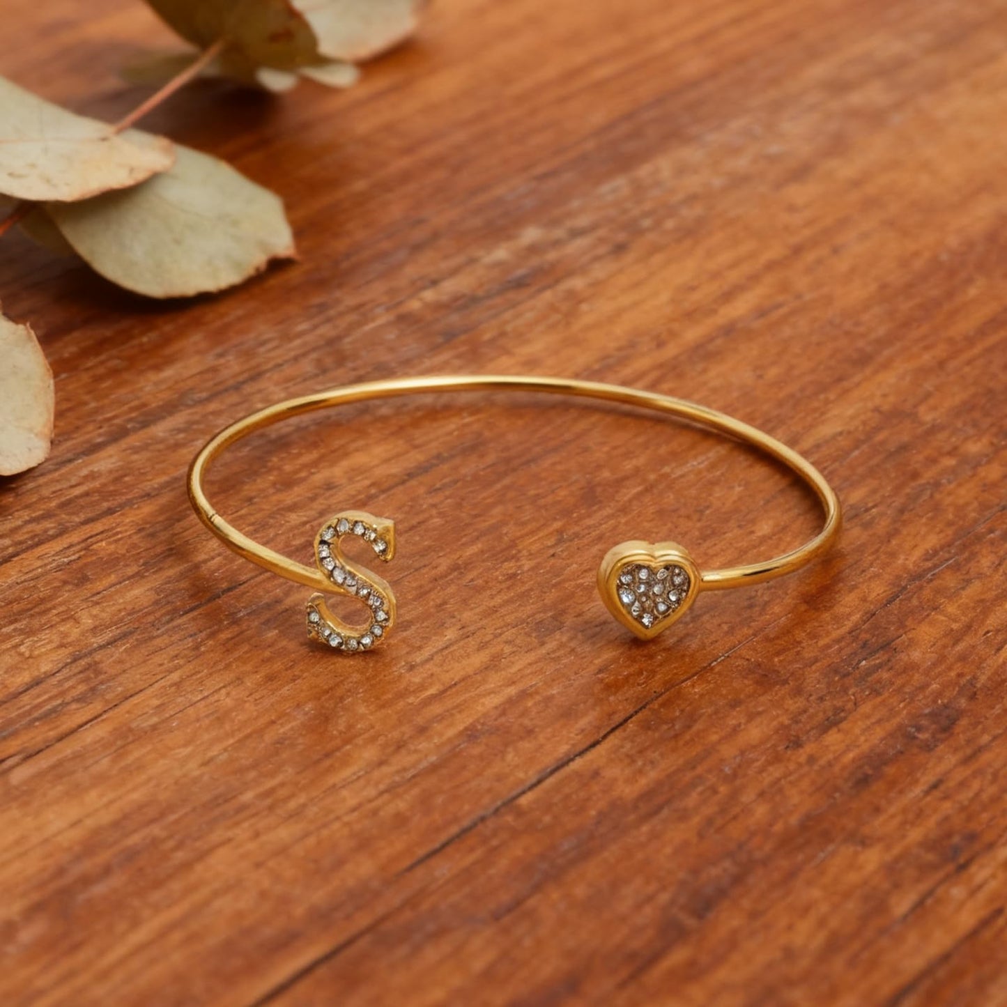 BXDA Trendy Gold Plated Heart Initial S Cuff Bangle Bracelet for Women, Handmade Statement Cubic Zirconia Stackable Open Letter Bracelets Fashion Jewelry Accessories Gift
