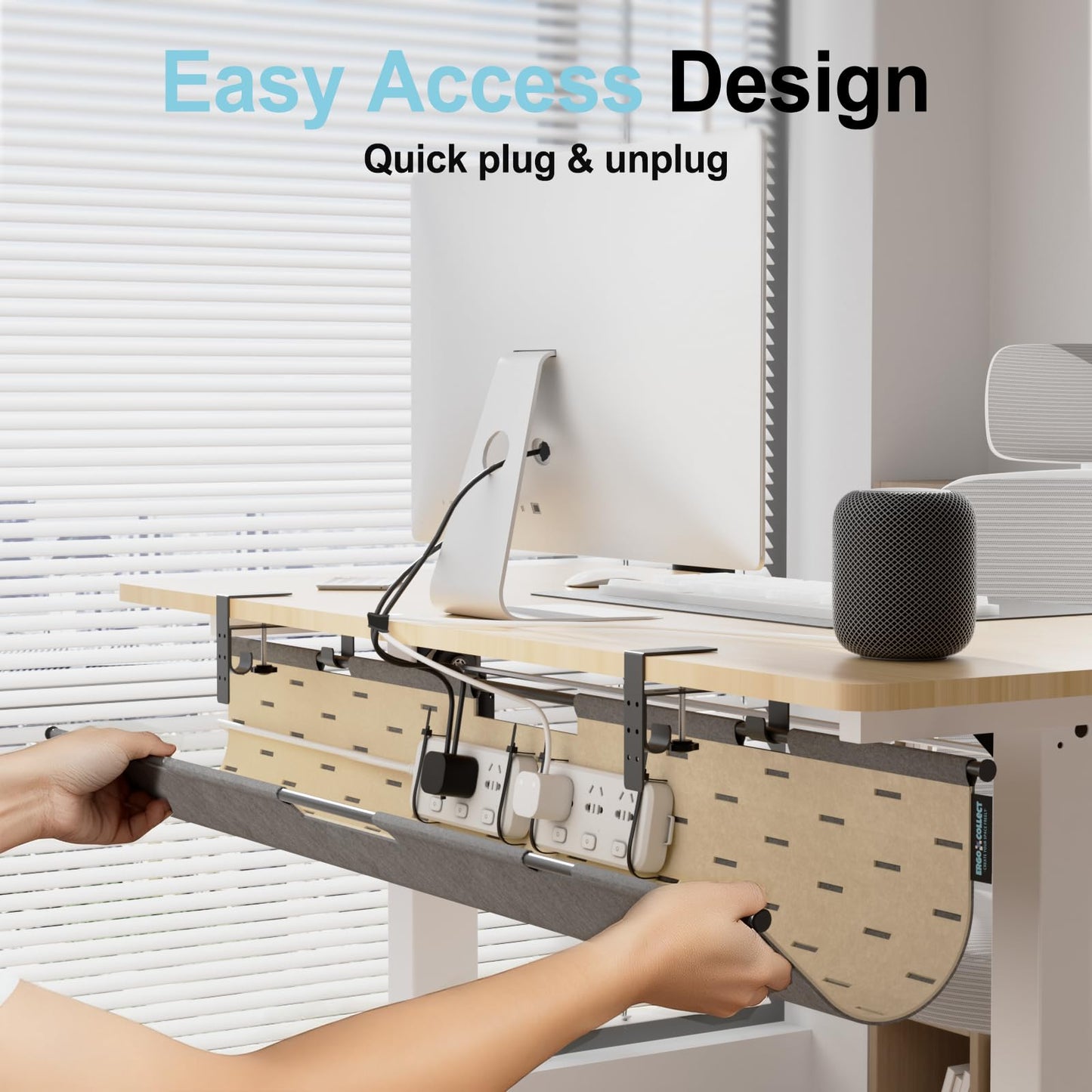 2-in-1 Under Desk Cable Management Tray & Privacy Panel, Dual-Sided Felt Cord Organizer to Hide Wires and Clutter, Desk Mount Cord Holder for Office and Home, Clamp or Screw Mount (Gray/Khaki, 45.2")