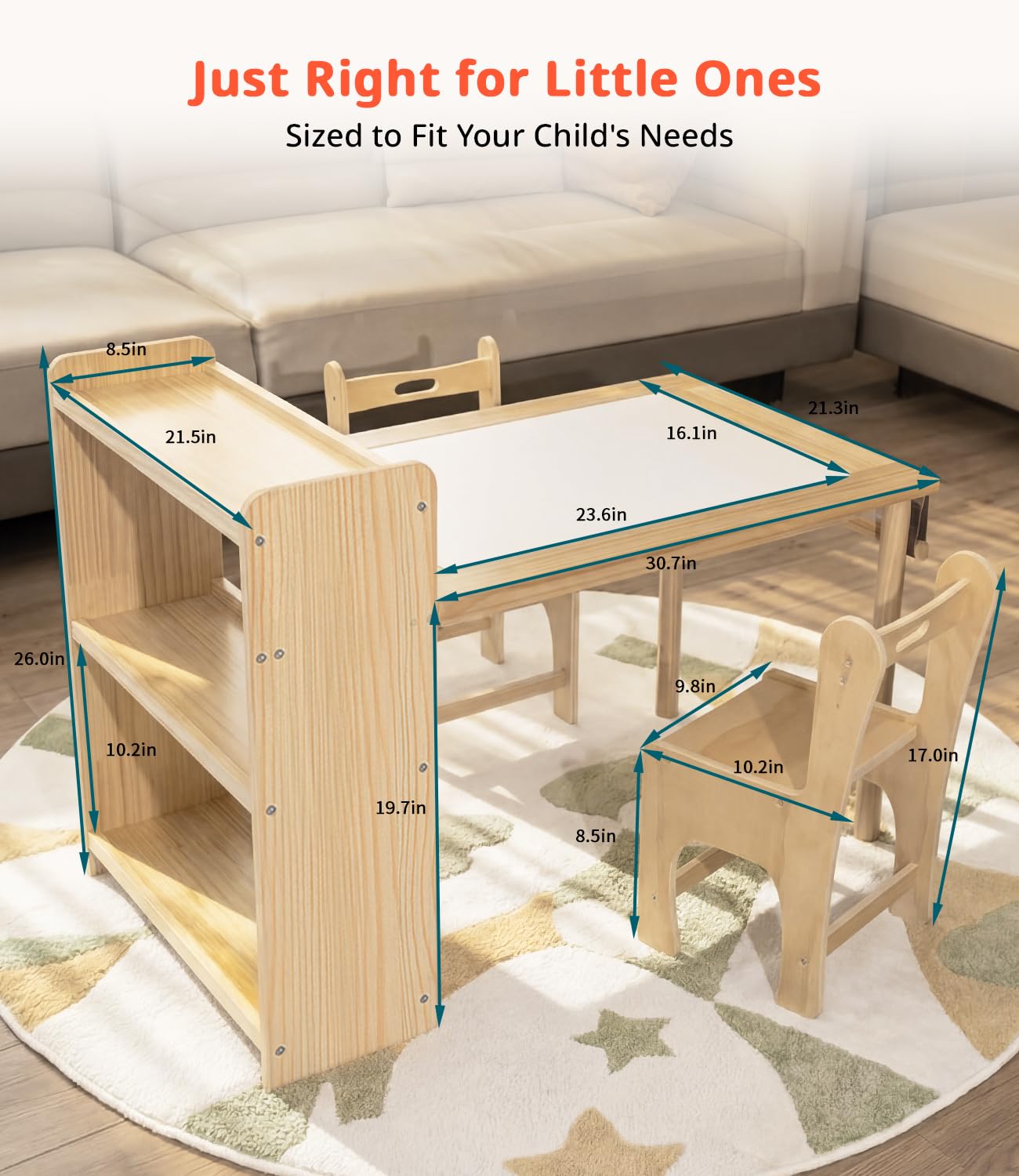 JOIN&JOY Children's Art Table and 2 Chair Set, Multifunctional Craft Table with Storage Shelves, Toddler Activity for Creativity, Drawing, Learning & Playtime