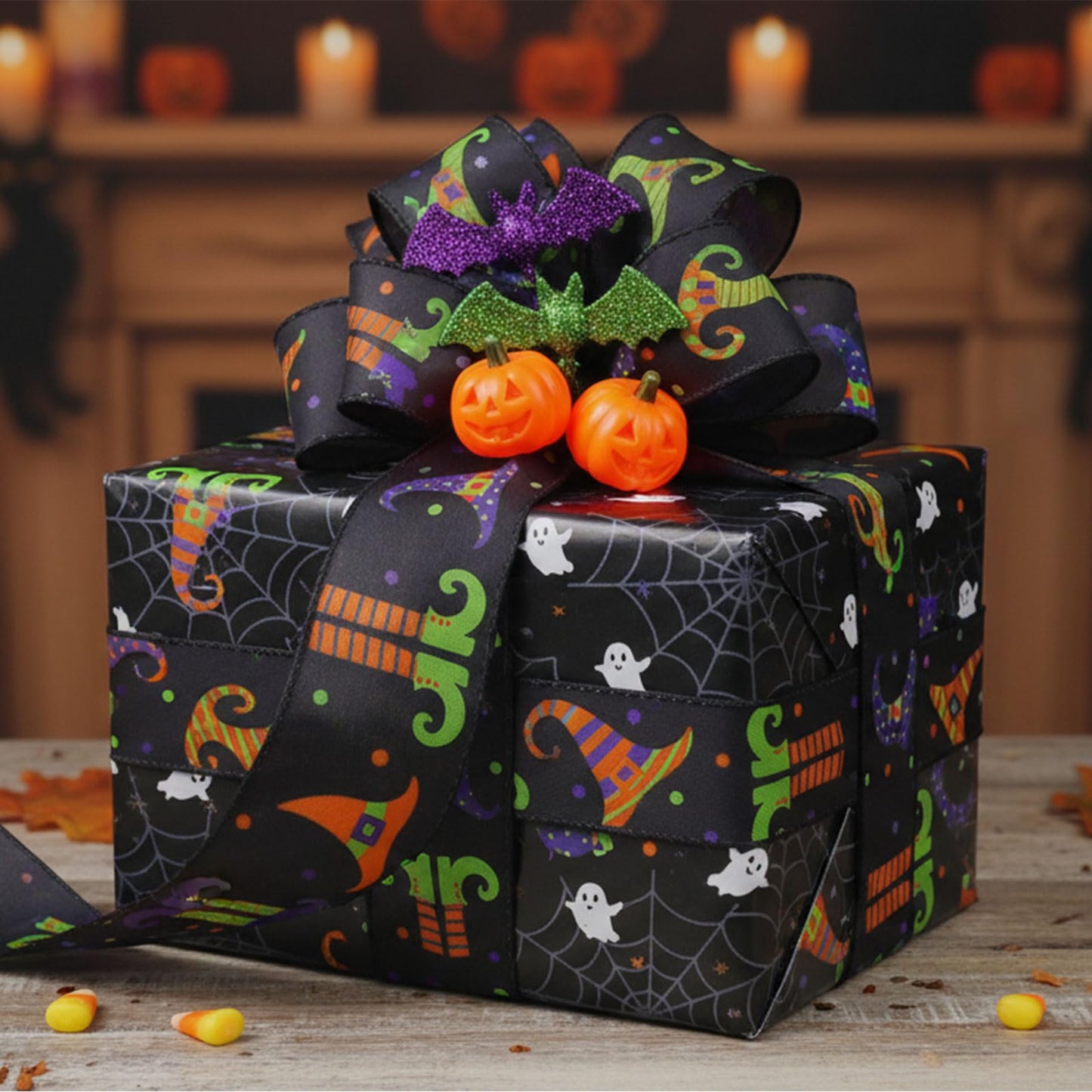 3 Rolls 15 Yards Halloween Wired Edge Ribbon - Bat Skull Pumpkin Halloween Decorative Spider Web Printed Wrapping Ribbon for Party Wreath DIY Craft Floral Bow
