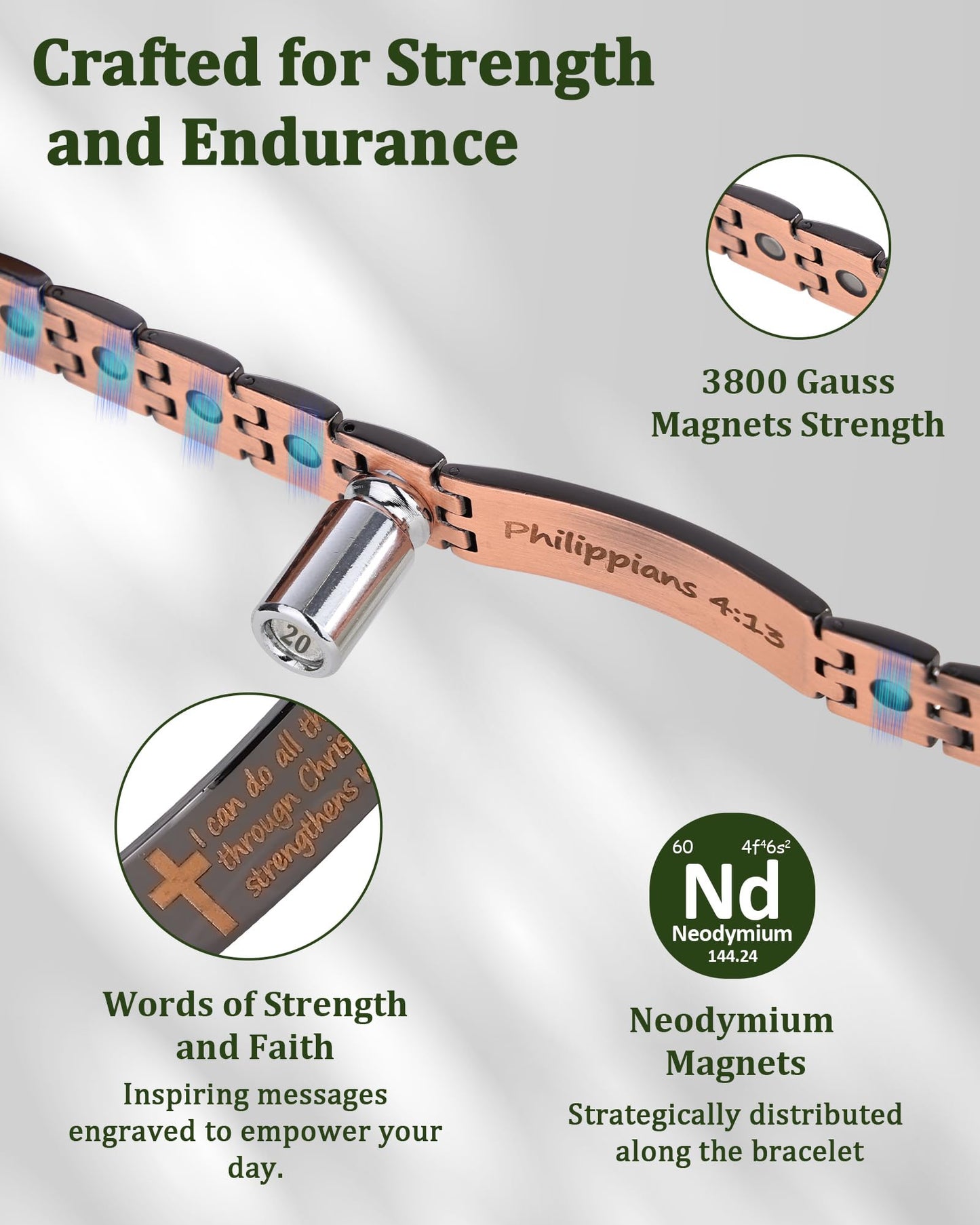 Fashtour Copper Cross Bracelet for Men, Ultra Strength Magnetic Jewelry, Rice-Ear Design Adjustable Copper Biblical Cross Bracelet with Sizing Tool & Box (Black-Philip 4:13)
