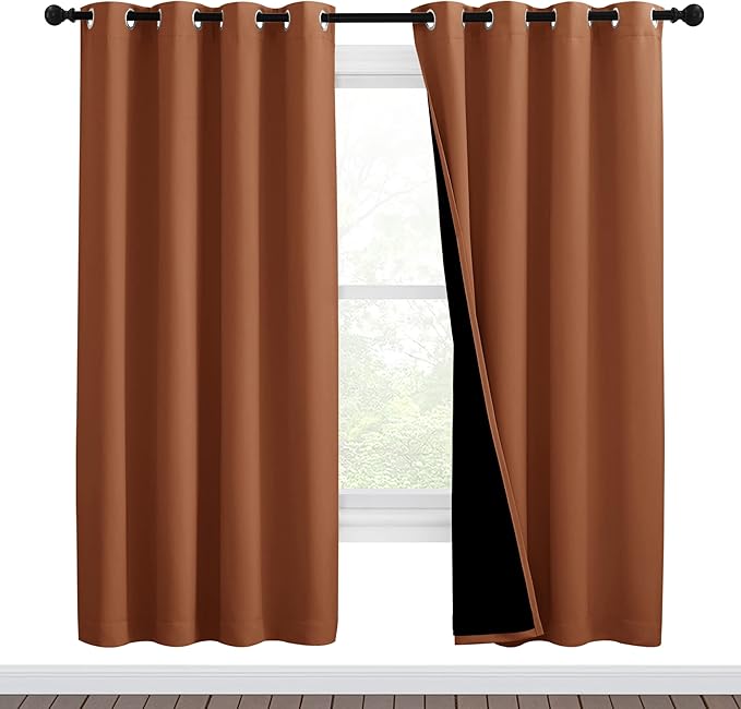 NICETOWN 100% Blackout Window Curtain Panels, Full Light Blocking Drapes with Black Liner for Nursery, 72-inch Drop Thermal Insulated Draperies (Burnt Orange, 2 Pieces, 46-inch Wide Per Panel)