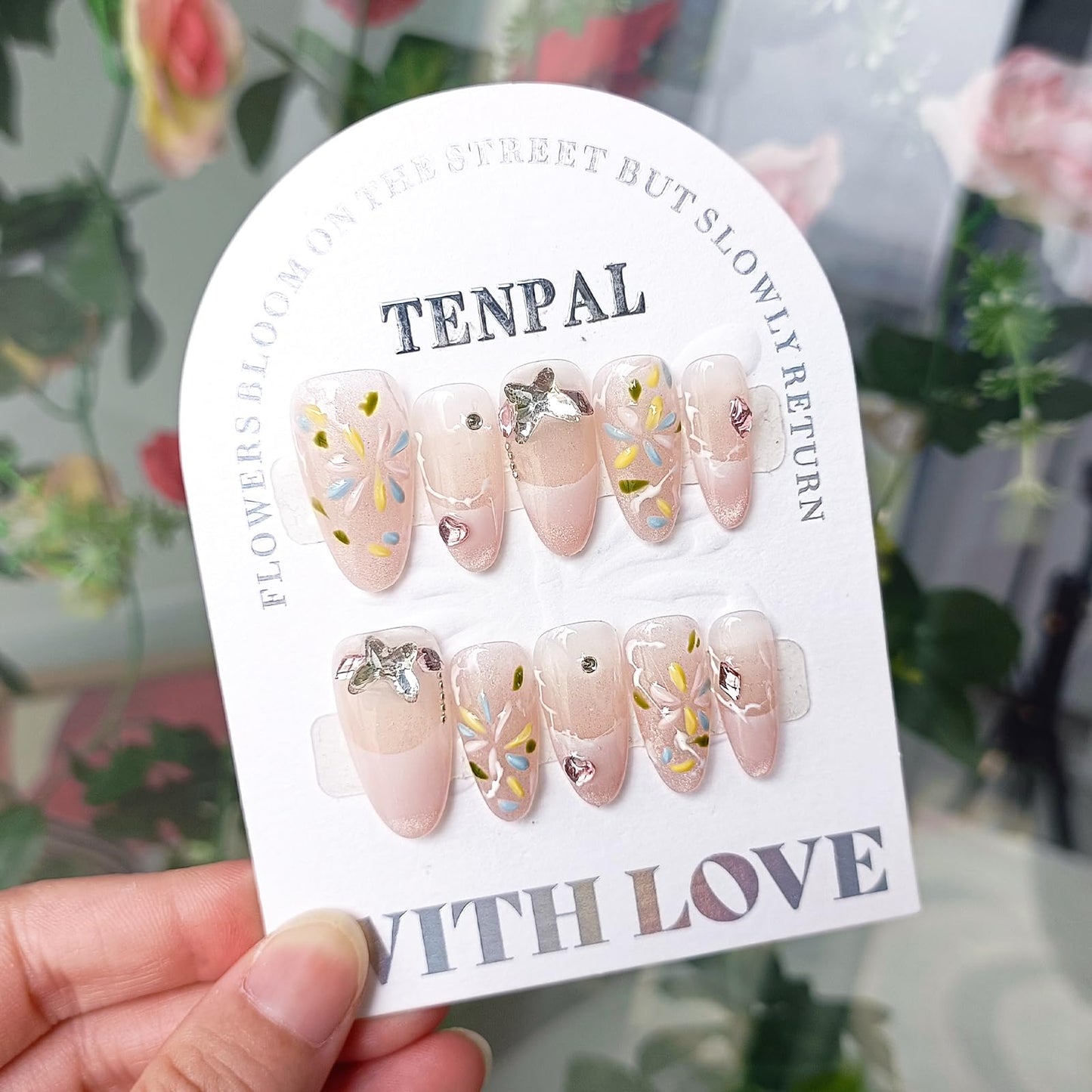 TENPAL French Tip Press on Nails Short Almond Gradient Pink Nails Press Ons with Fireworks Flower Butterfly Chain Designs Cat Eye Nails Press ons Glossy Artificial Glue on Fake Nails Short(S)