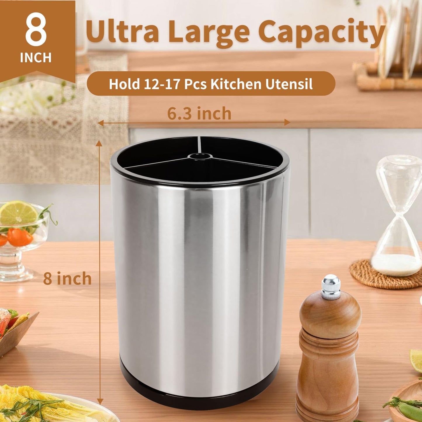 Nigelia Extra Large Kitchen Utensil Holder, 360° Rotating Stainless Steel Cooking Utensil Holder for Countertop, 3 Compartment Flatware Organizer & Cooking Caddy with Removable Base（Silvery）