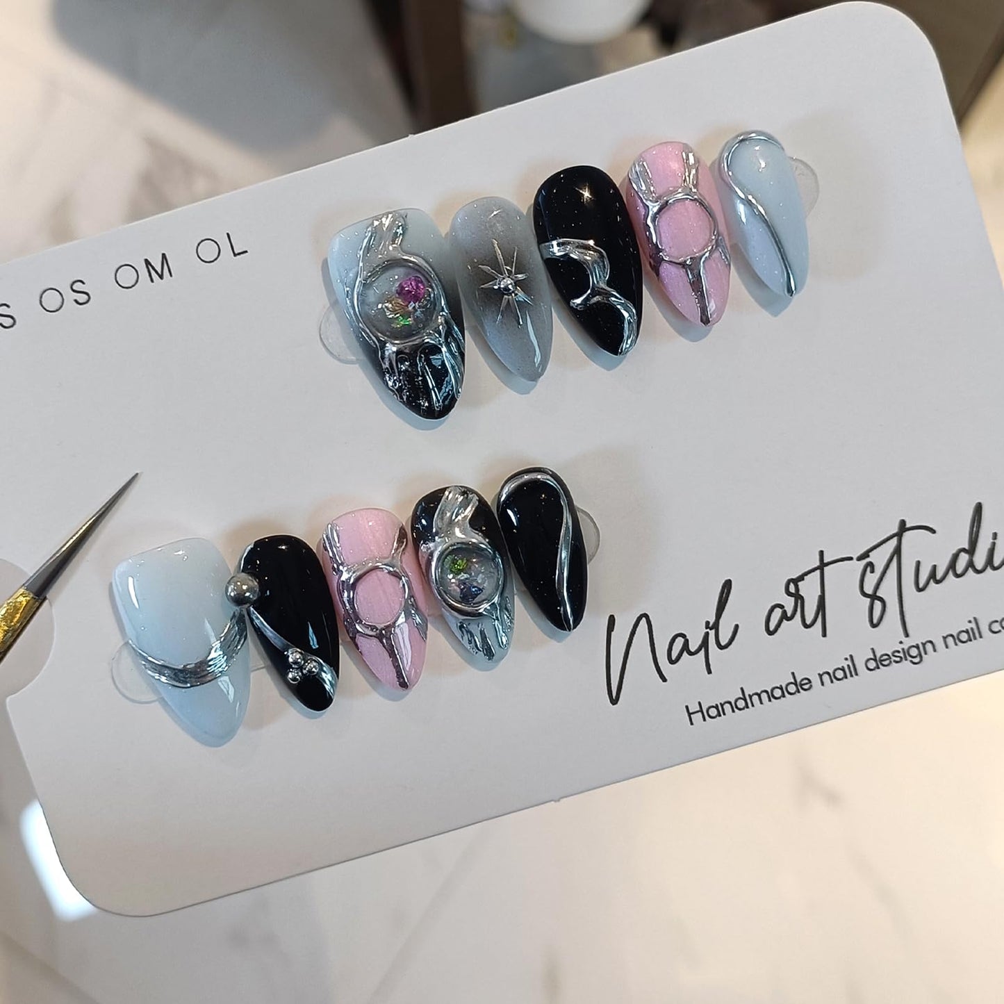 TENPAL Handmade Press On Nails Medium Almond,Acylic Soft Gel Metallic Chrome Silver Finished Aurora Sweet Cool Y2k False Nails Press Ons for Women 10pcs(XS)