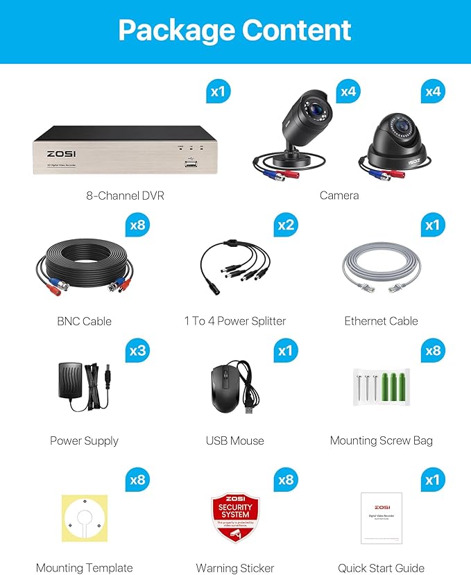 ZOSI 3K Lite 8CH Home Security Camera System Outdoor,8Channel CCTV DVR,8pcs 1080p Weatherproof Surveillance Bullet Dome Cameras,Night Vision,AI Human/Vehicle Detection,Remote Access(No Hard Drive)